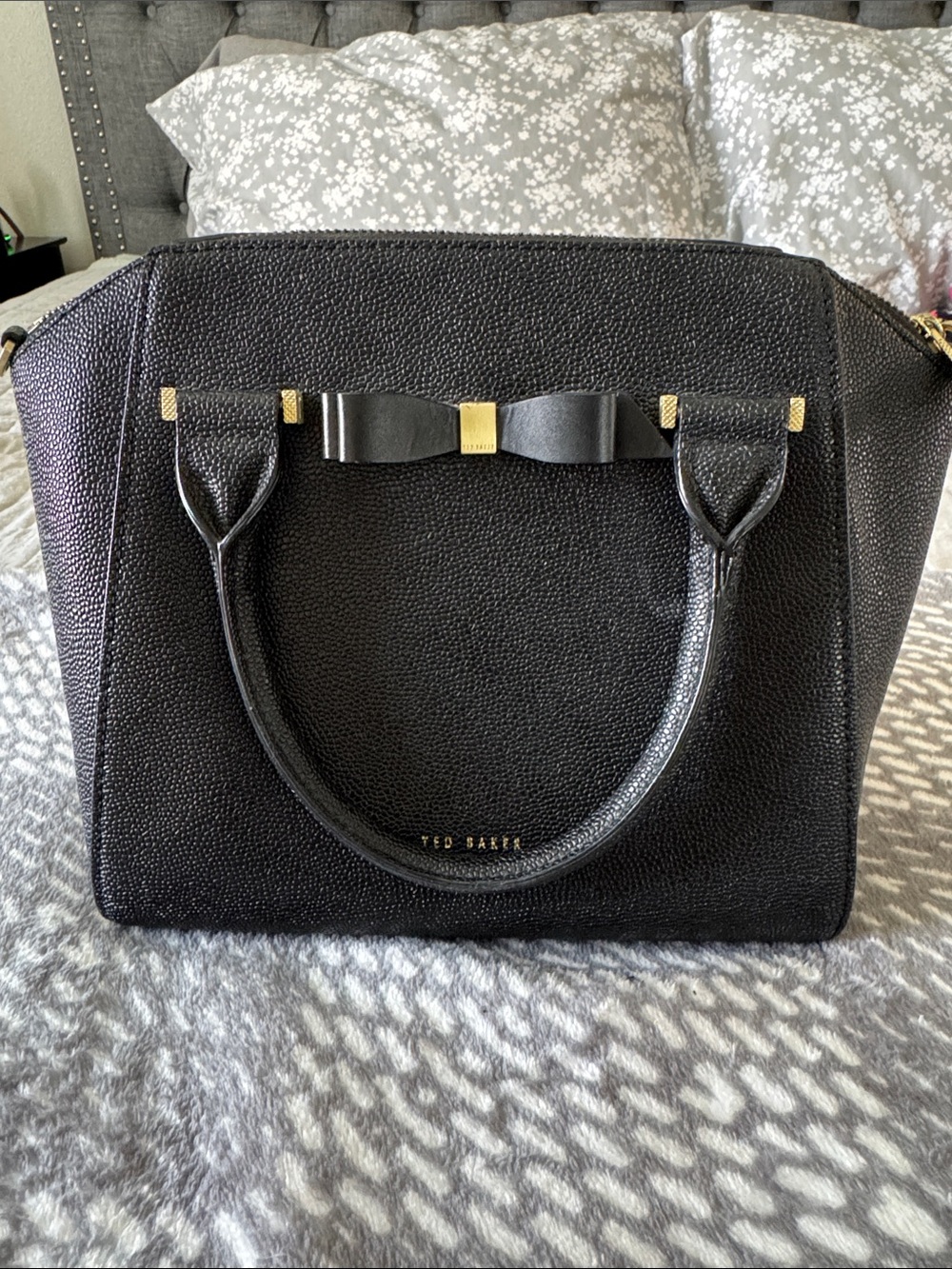 Ted Baker Black Pebbled Leather Satchel Purse with Bow and Gold Hardware